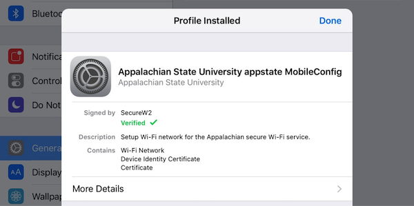 Profile installed - Appalachian State University appstate MobileConfig